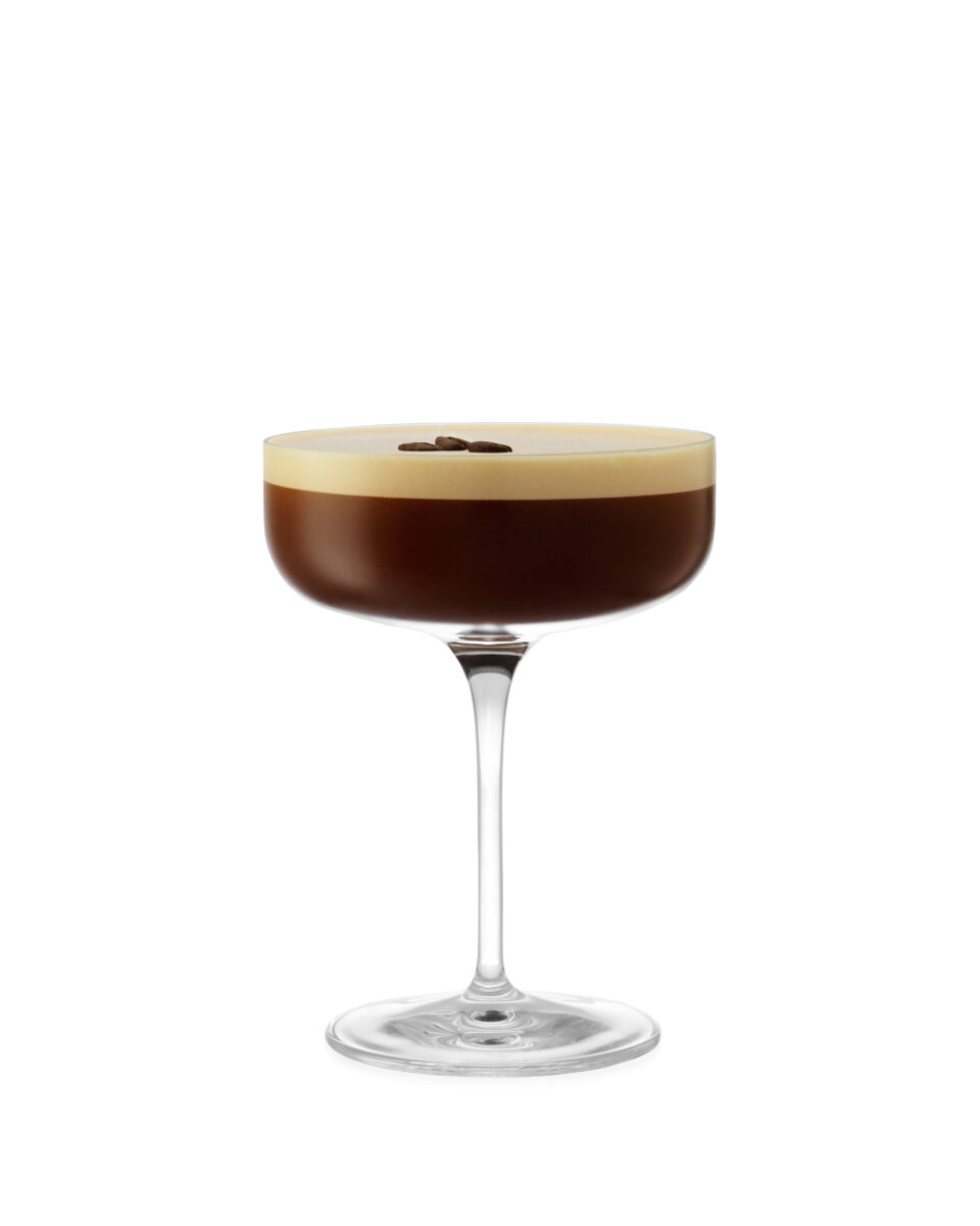 Espresso-martini-coffee-bean-foam on white cut out cocktail photography fotograf drinkov london bratislava