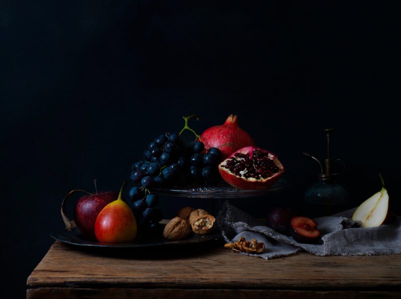 Fruit-still-life-renessaince-photography-pear-apple-wallnut-grapes-daylight