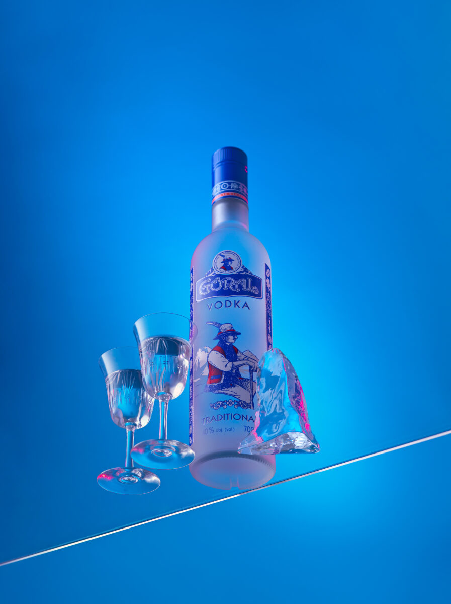 Goral vodka drink bottle photography graphic blue fotografia sklo ice block shot glasses photographer slovenska stara lubovna